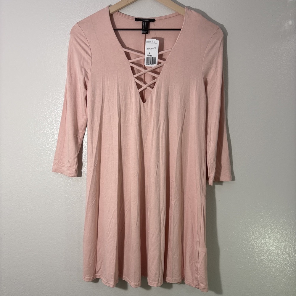 NWT Forever 21 Criss Cross Neckline Short Mini Dress Sz M Stretch Pink Comfy Fun